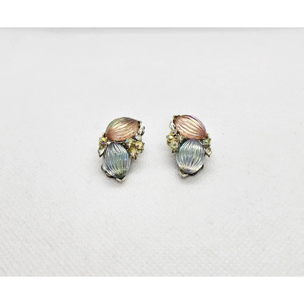 Vintage Lisner Clip On Earrings Pink Blue Iridescent Glass AB Rhinestone Climber
